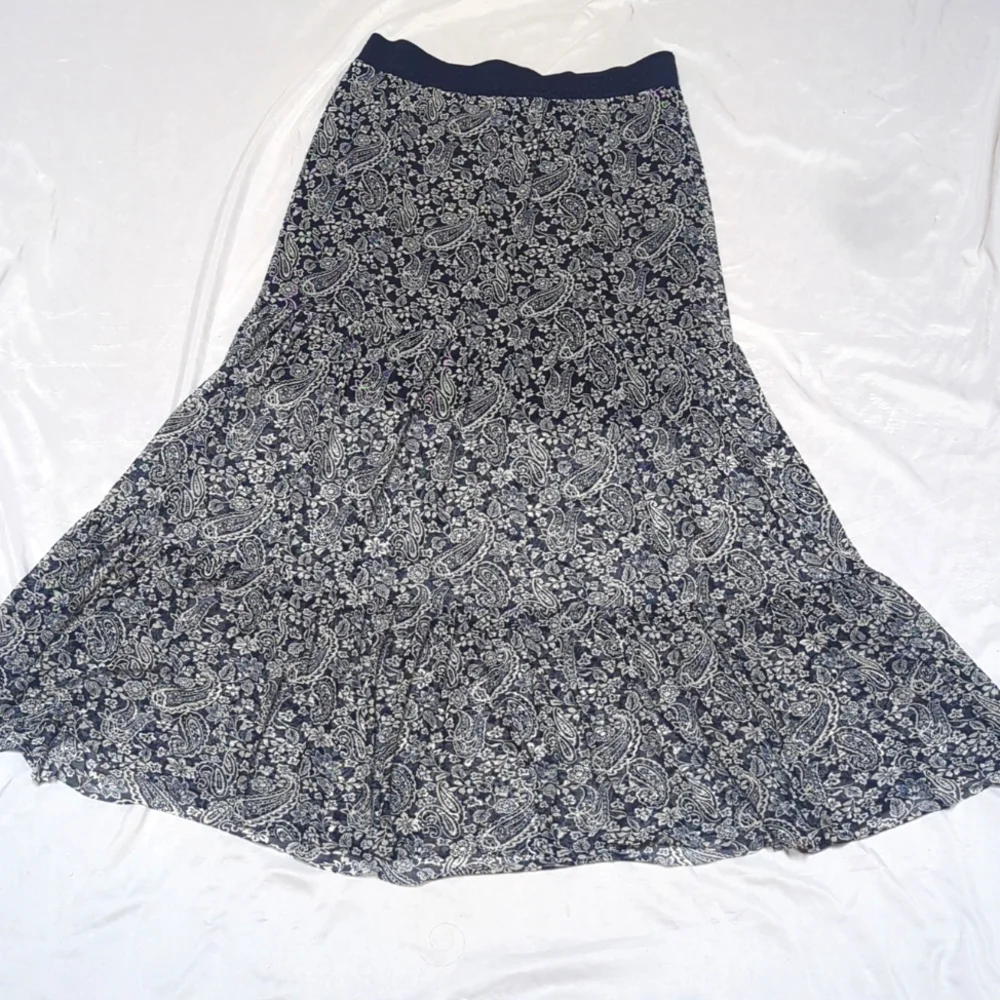 Lavish Navy & White Paisley Boho Semi-Sheer High Waist Pull On Maxi Skirt